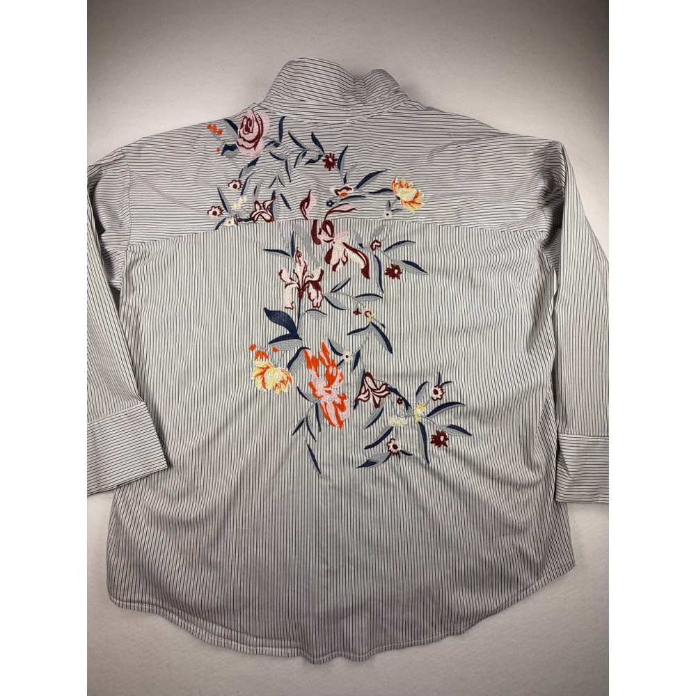 Skies Are Blue Boho Floral Embroidered Striped Blouse XXL